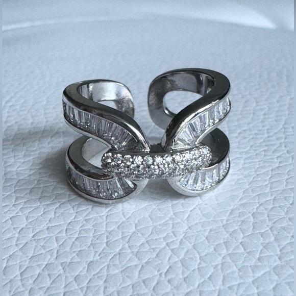 Silver and Diamond Baguette Geometric Statement Ring Adjustable New - Picture 3 of 9